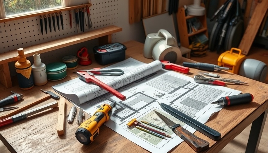 Home improvement tools and blueprints planning renovations.