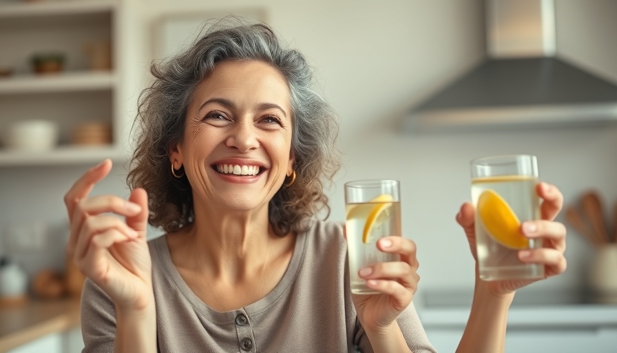Smiling woman holding supplement and lemon water, highlighting anti-aging supplements benefits.