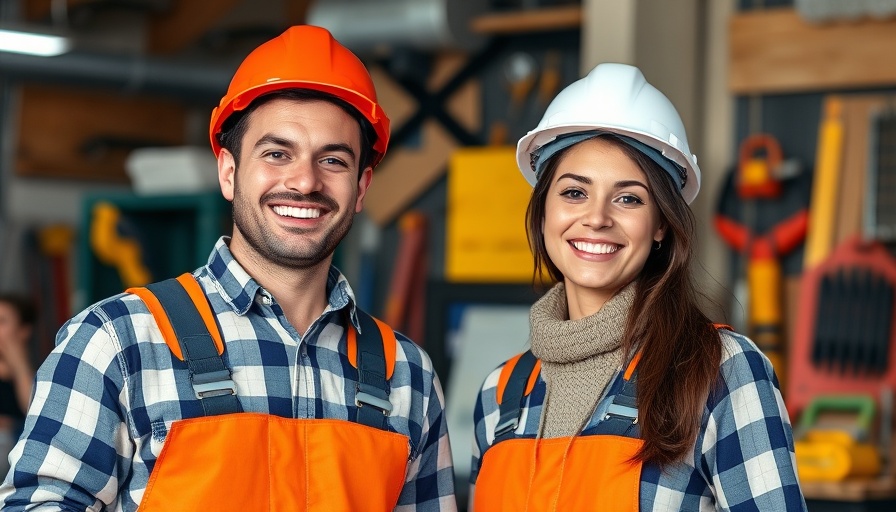 Friendly duo in construction scene, Home Improvement News setting.