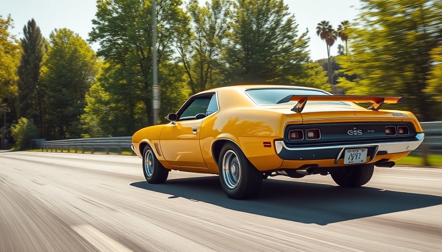 Classic yellow muscle car speeding on highway, FWD vs RWD car insights.