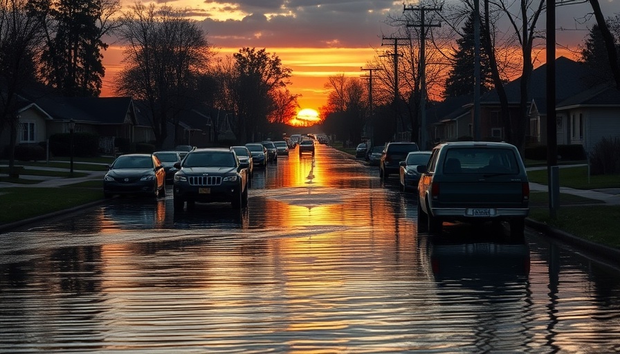 Flooded road with abandoned cars in a tranquil sunset scene.