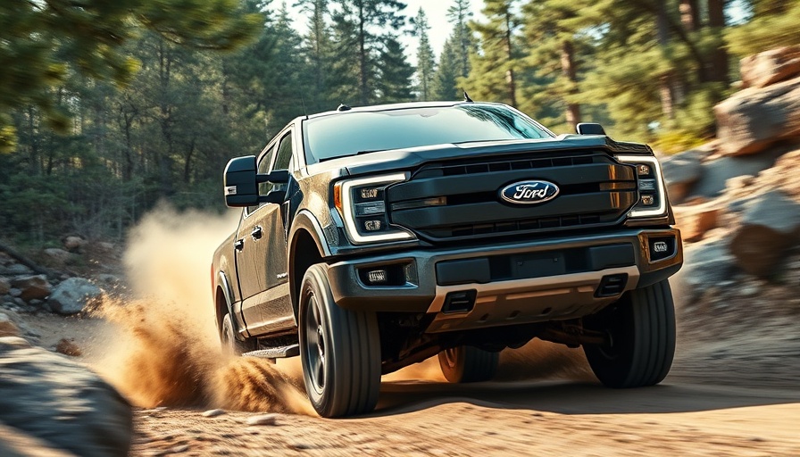 Ford electric truck navigating rugged terrain, showcasing durability.