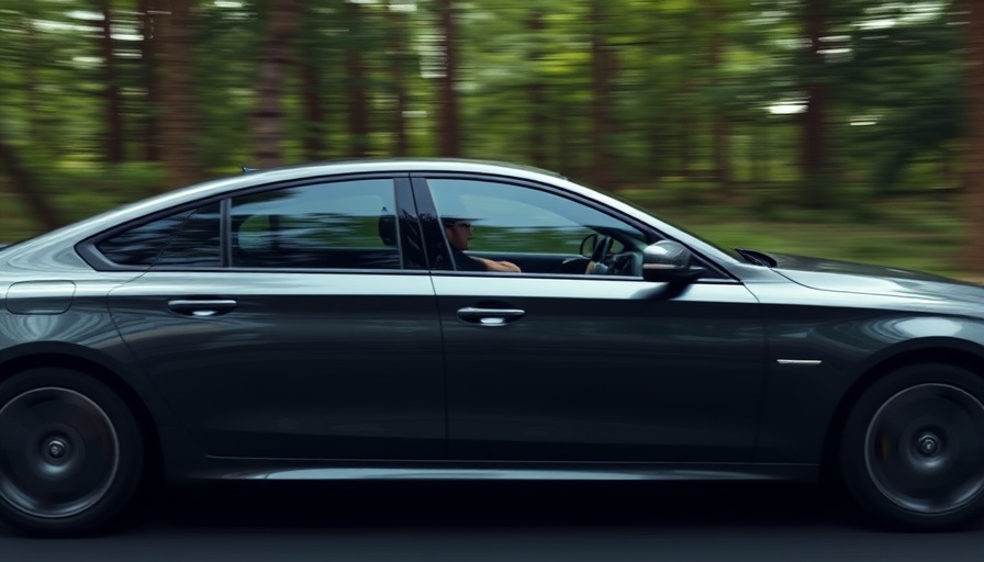 Full-size sedan speeding on a scenic road, cheap V8 full-size sedan.