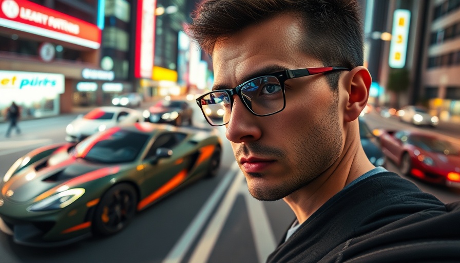 Dynamic scene with a thoughtful man as electric vehicles race behind.