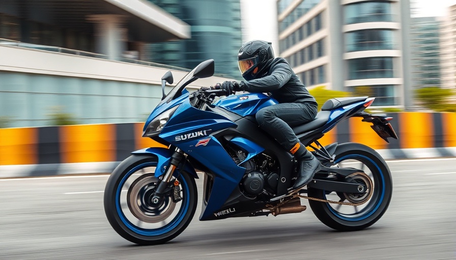 Rider on Suzuki motorcycle demonstrating speed and comfort in an urban environment.
