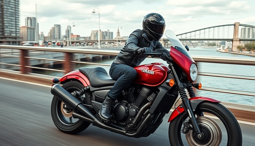 Yamaha Road Star Warrior in motion with rider near bridge.