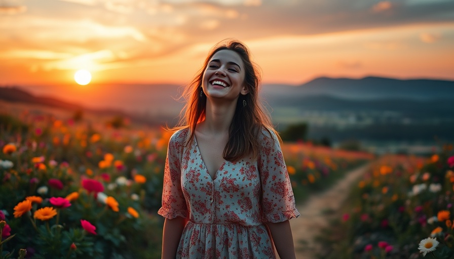 Woman experiencing self-care routine amidst a dreamy sunset landscape.