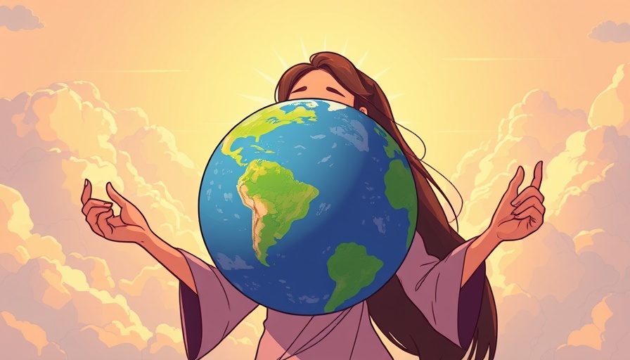 Vibrant cartoon of a woman holding Earth, sky backdrop, self-care routine for busy moms.