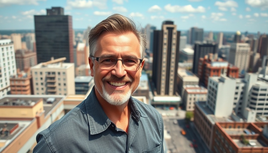 Middle-aged man smiling on rooftop with cityscape in the background, highlighting confidence and positivity, related to clean healthcare data.
