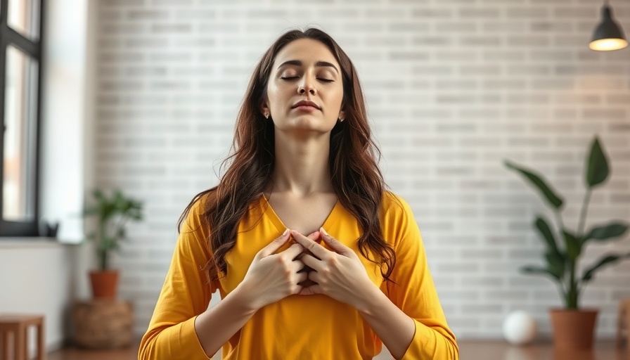 Woman practicing mindfulness meditation with hands on heart.