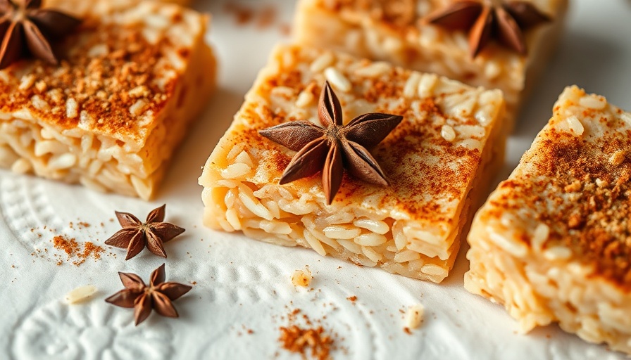 Crispy rice bars with cinnamon and star anise, high protein snacks.