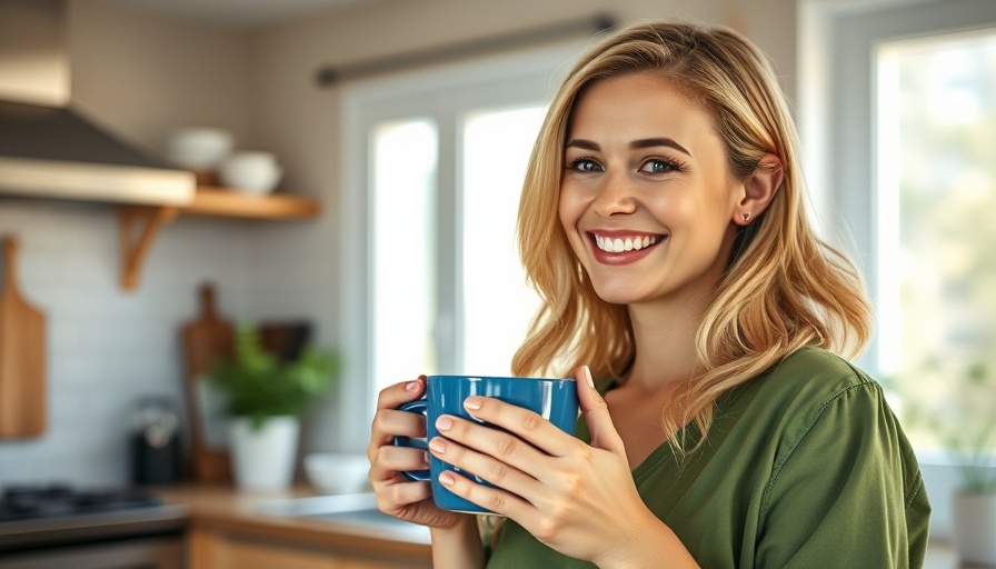 Blonde woman offers healthy lifestyle tips with a calming blue mug.