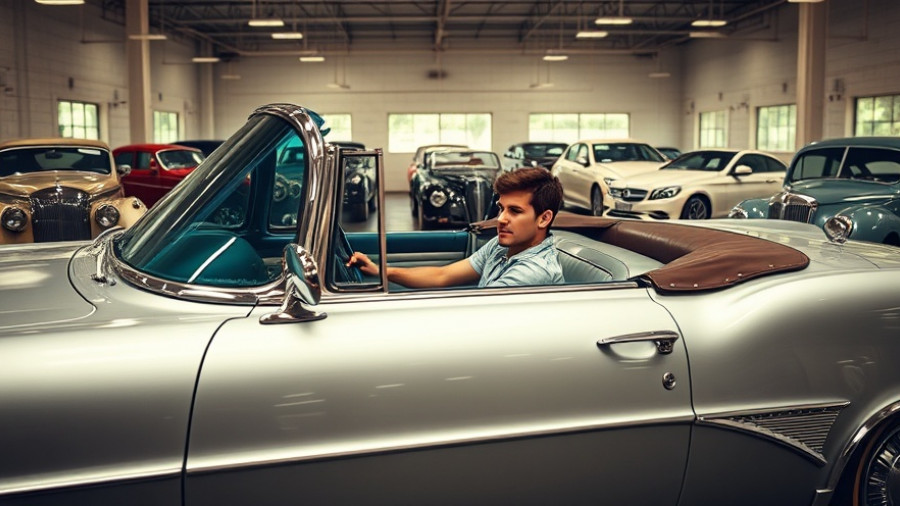 Young man in classic car in the biggest automobile industry in the world.