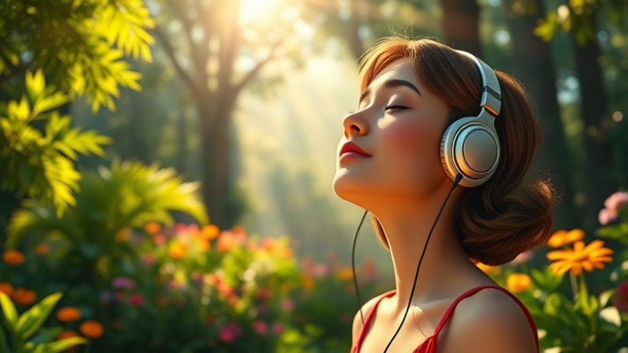 Relaxed woman in forest with headphones, symbolizing mental health self-care.