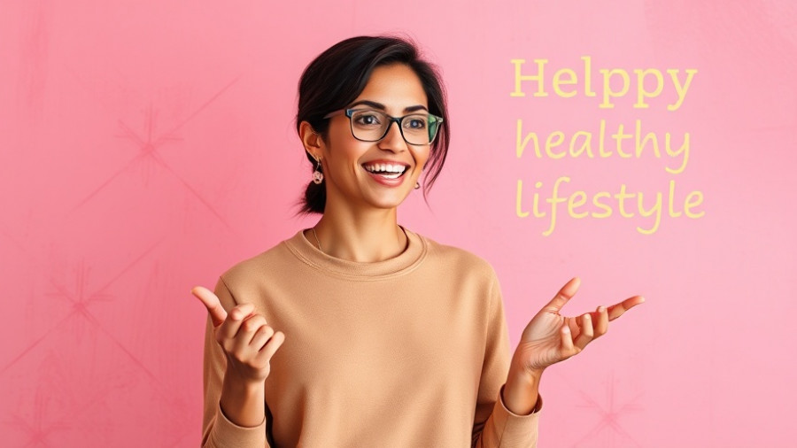 Confident woman sharing healthy lifestyle tips against a pink backdrop.