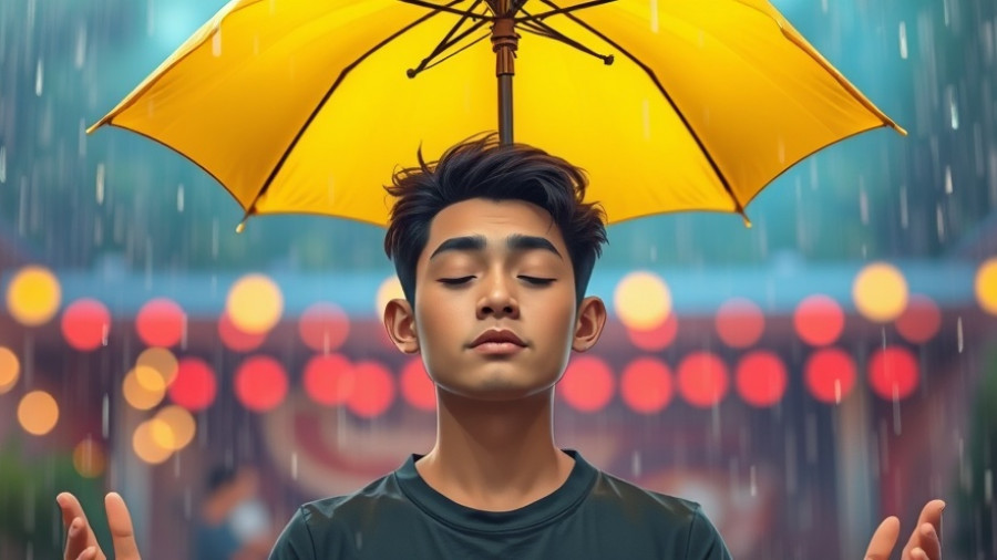 Self-care routine meditation under vibrant rain with umbrella.