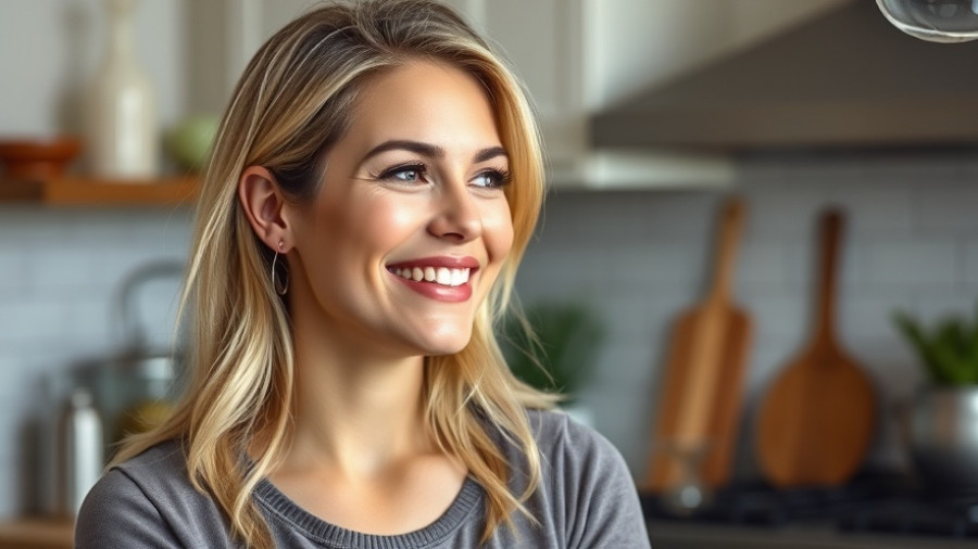 Blonde woman sharing healthy lifestyle tips in a kitchen setting.