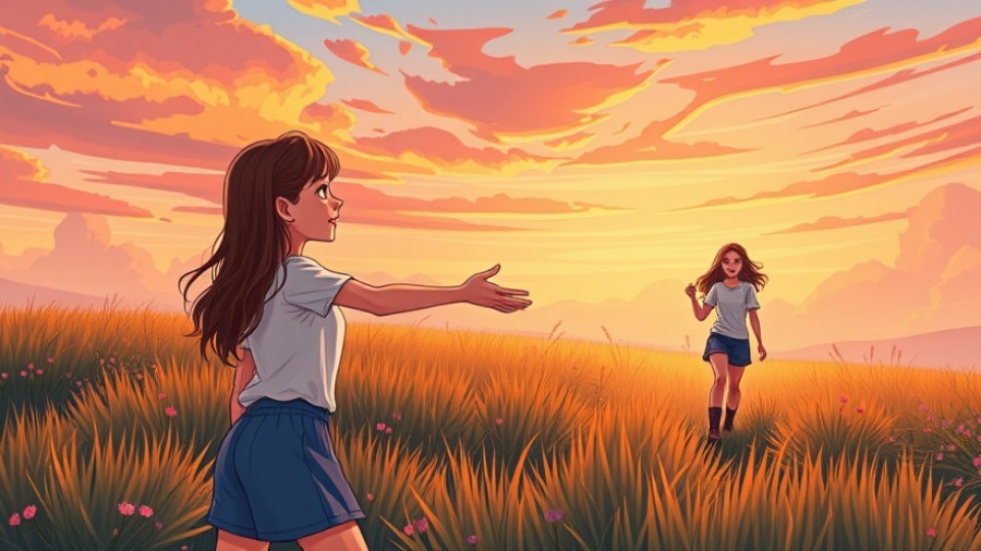 Illustration of one-sided friendship with woman reaching out in meadow.
