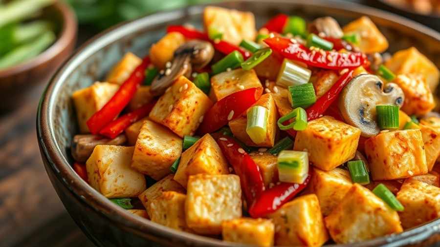 Crispy tofu stir fry recipe bowl with noodles and vegetables.