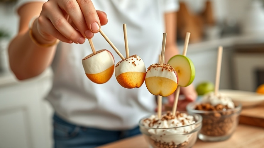 Close-up of healthy snack preparation with apples and yogurt pops.