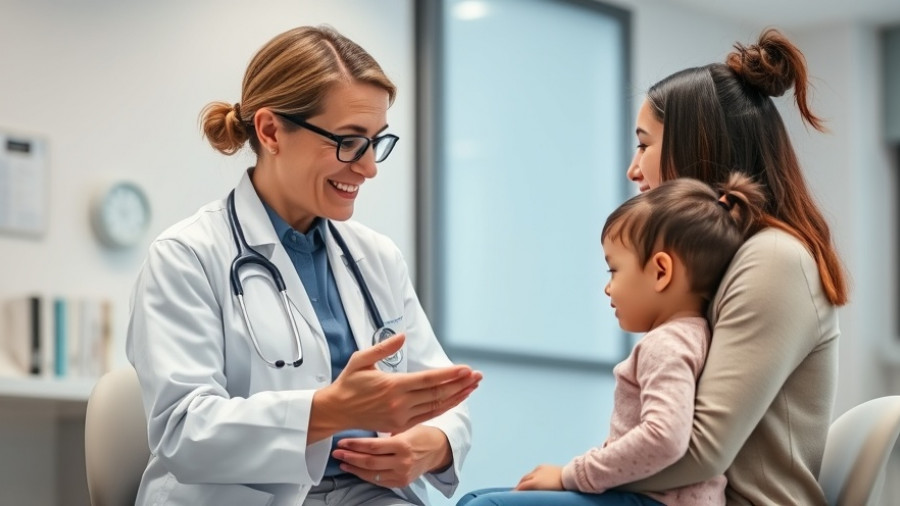 Healthcare professional with family, discussing personalized health care technologies.