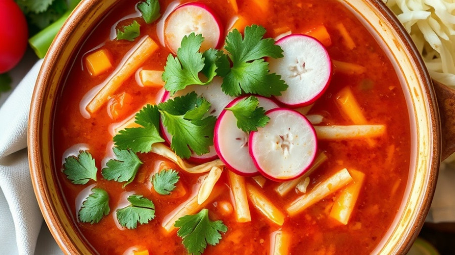 Pozole rojo garnished with fresh toppings and vibrant colors.