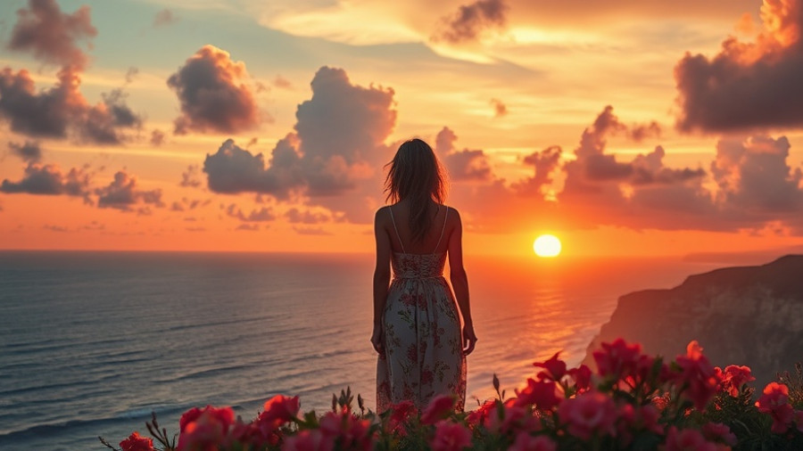 Serene woman enjoying sunset by the ocean as part of her self-care routine.