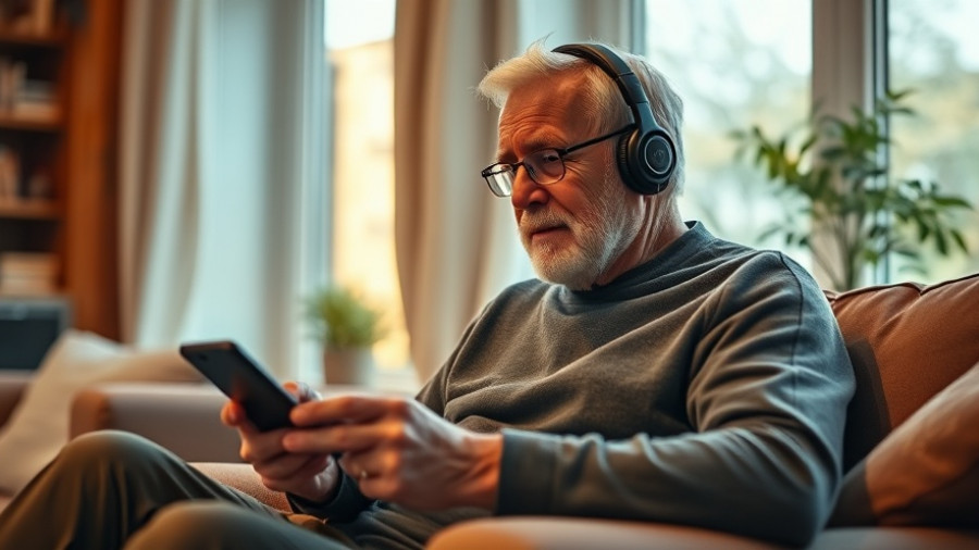 Older man with headphones using smartphone, AI devices for elderly care.