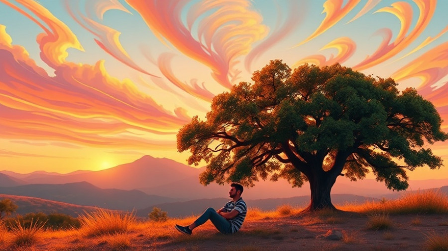 Self-care routine: Man relaxing under a tree during vibrant sunset