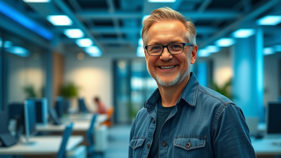 Confident man in blue-lit office representing cloud contact center healthcare.