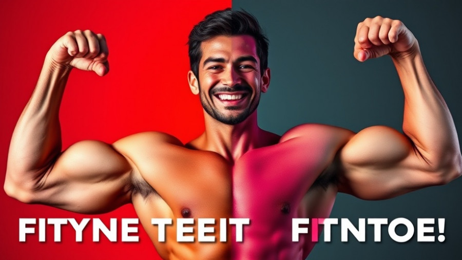 Fitness transformation with before and after arm comparison, vibrant background.