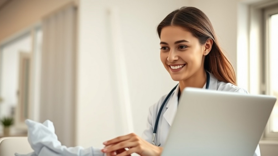 Female doctor using laptop in a brightly lit room, focusing on telemedicine.