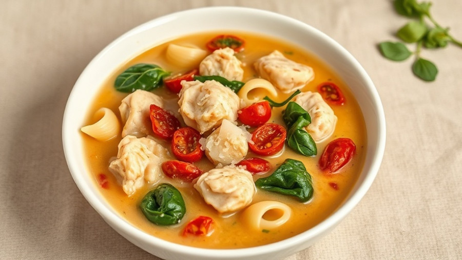 Creamy Marry Me Chicken Soup in a bowl with pasta, spinach, and tomatoes.