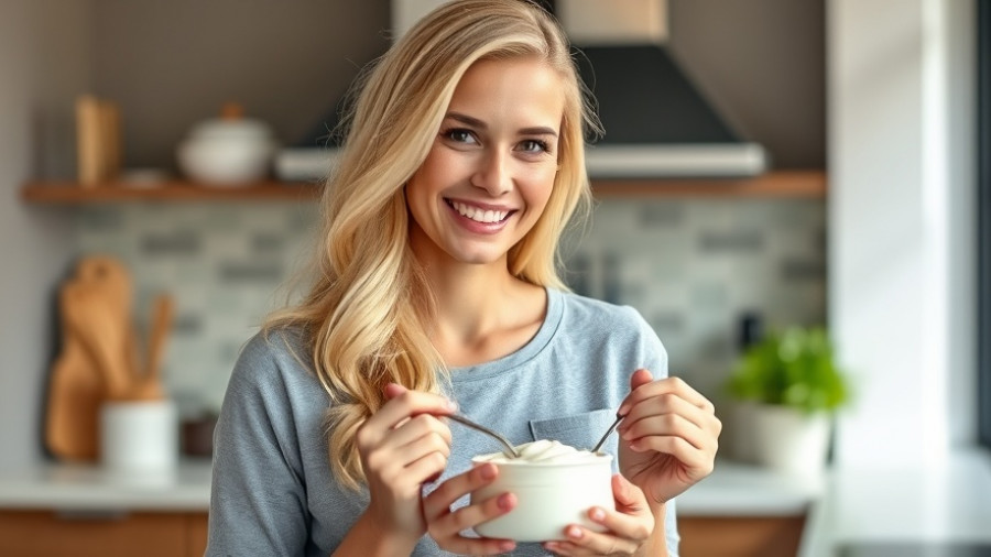 Woman in kitchen demonstrating yogurt preparation, related to dairy and fertility.