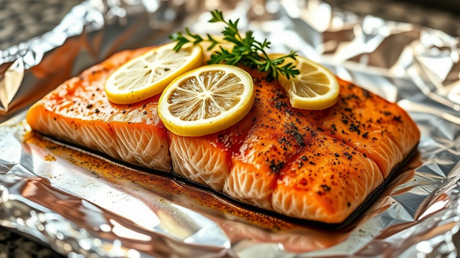 Delicious oven-baked salmon in foil with lemon and herbs.