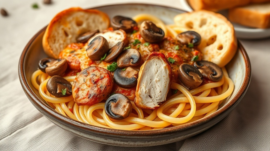 Creamy chicken mushroom pasta with grilled chicken and rigatoni on plate.