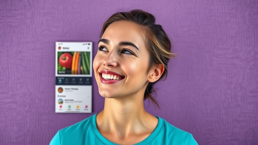 Woman smiling with healthy living app, vibrant background.