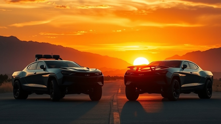 Sleek power cruisers parked at sunset.