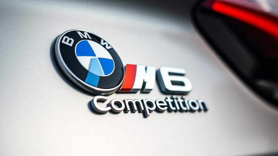 Close-up of BMW X6 M Competition badge on metallic grey surface.