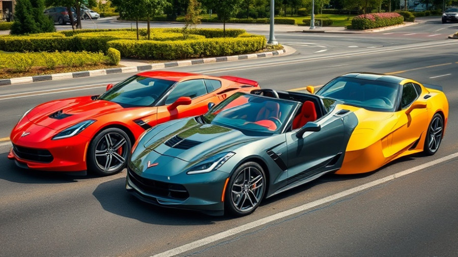 Vibrant Corvette cars displaying sleek design, urban backdrop.