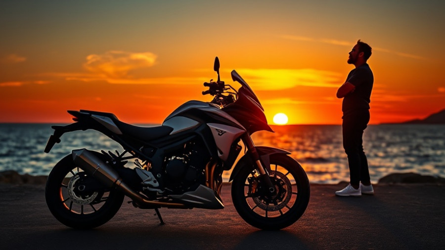 Best adventure motorcycle 2024 model parked near a man at sunset.