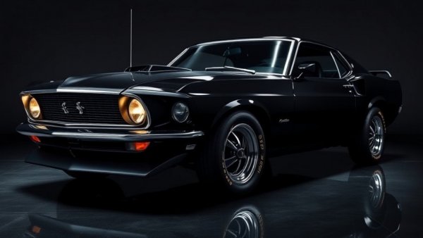 Sleek 1969 Mustang Mach 1 in a dark studio with moody lighting.