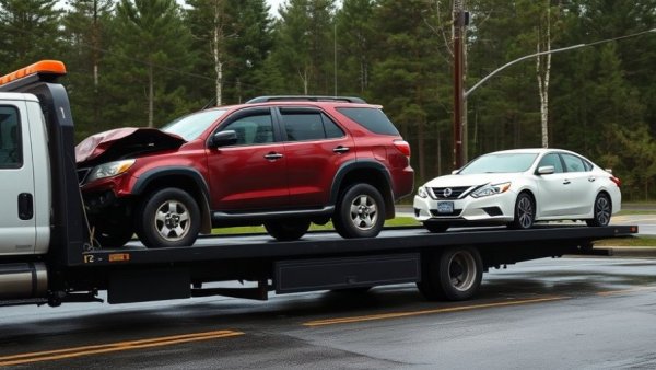 Tow truck with damaged cars at intersection, Loans for Car Accident Settlements concept.