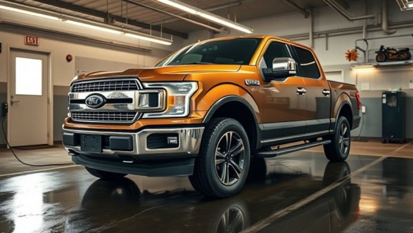 F-150 Lightning production charging in modern garage at night