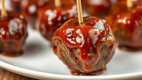 Juicy Thanksgiving meatballs with glossy glaze on toothpicks.