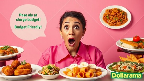 Surprised woman with budget-friendly meals from the dollar store.