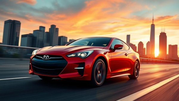 Sleek red sedan driving in city at dusk, best cars 2024.