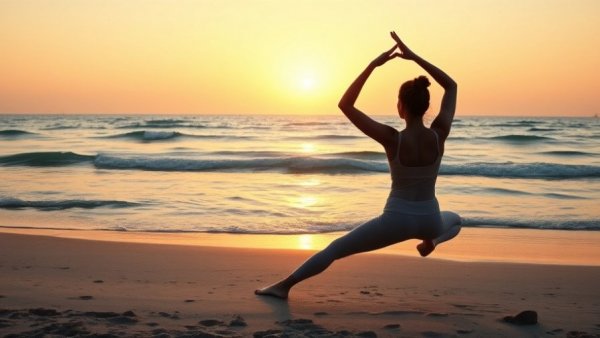 Woman practicing mindfulness meditation with yoga pose on a sunrise beach.