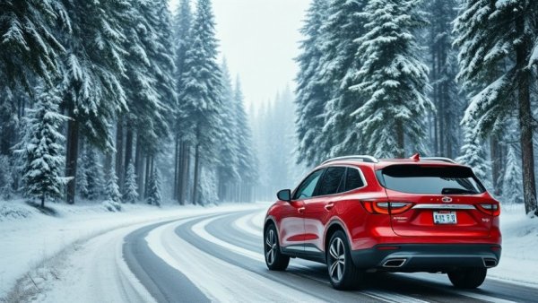 Red SUV on snowy forest road, 'Is Your Car Winter-Ready?'