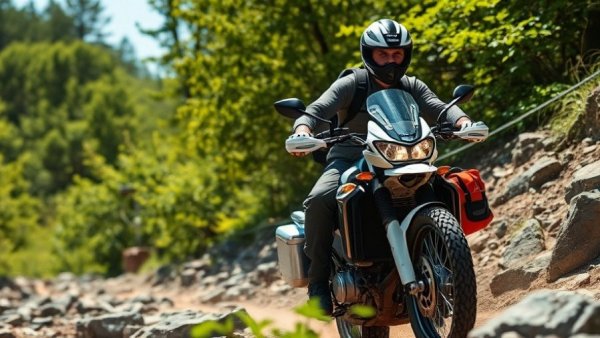 Dual-sport motorcycle on rocky terrain; perfect for daily rides and adventures.